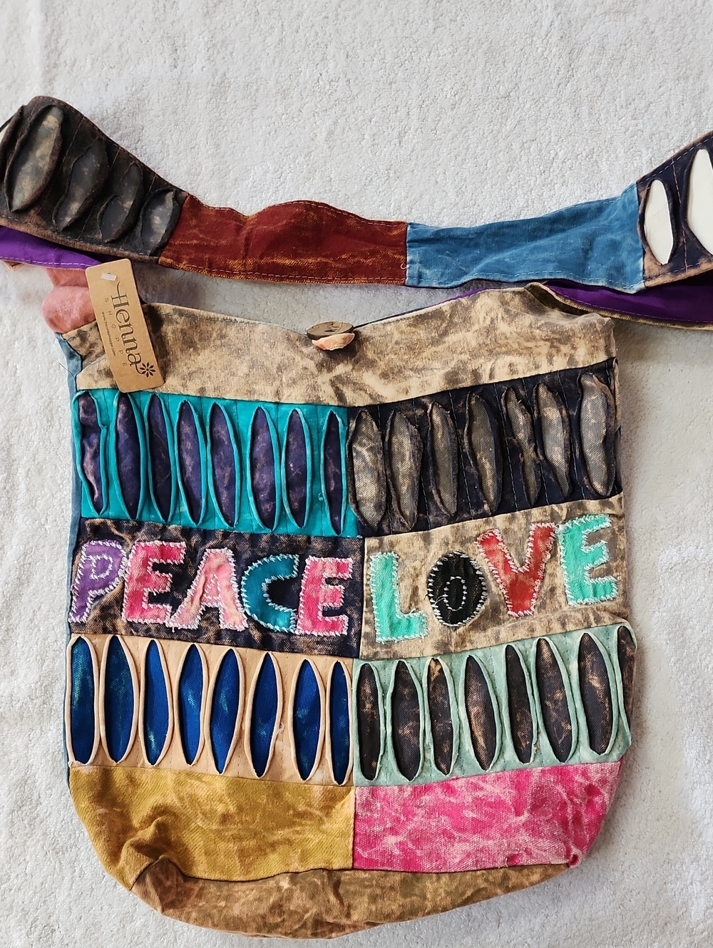 Nepal Colorblock 'Peace Love' Patchwork Shoulder Bag New